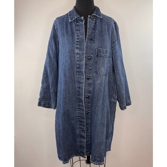 MoveUp Living Elsewhere Blue Long Duster Jacket Denim Embroidered Button Up XS - Picture 2 of 7